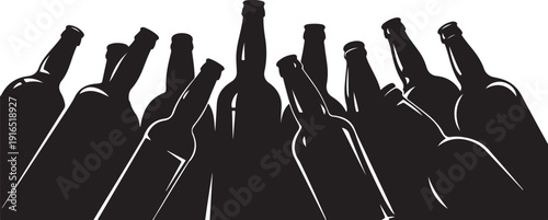Silhouette of multiple wine bottles on a white background