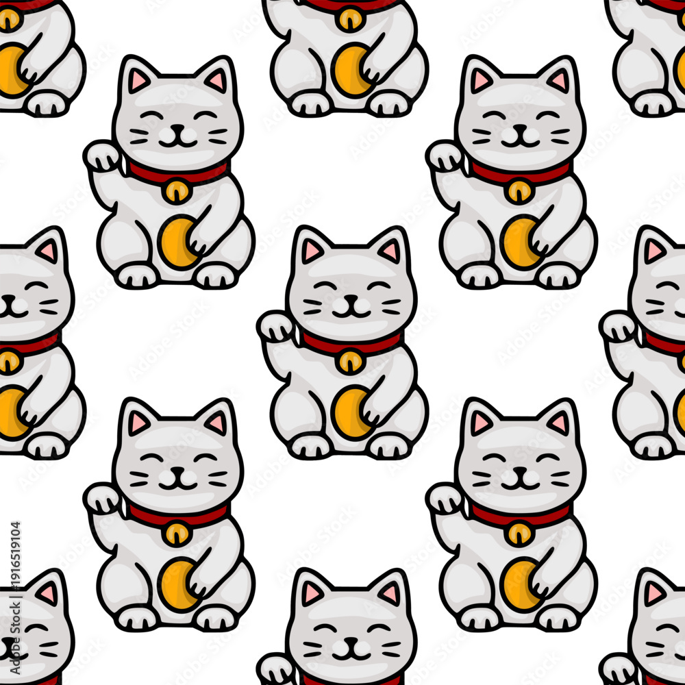 Obraz premium Seamless vector pattern of cute Maneki Neko cats with golden coins, white background