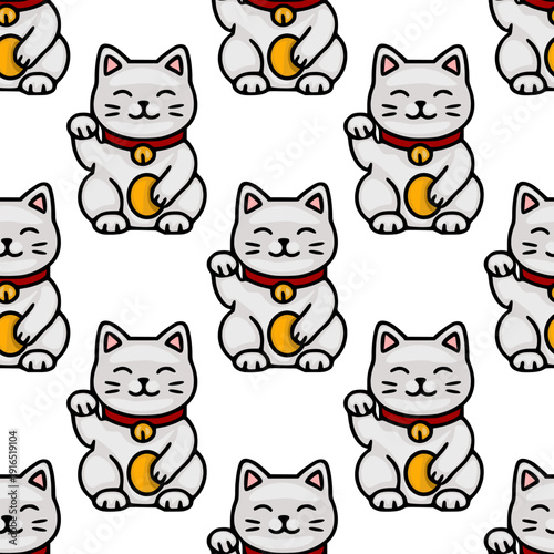 Seamless vector pattern of cute Maneki Neko cats with golden coins, white background