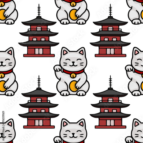 Seamless vector pattern of cute Maneki Neko lucky cats and traditional Japanese pagodas on white background.