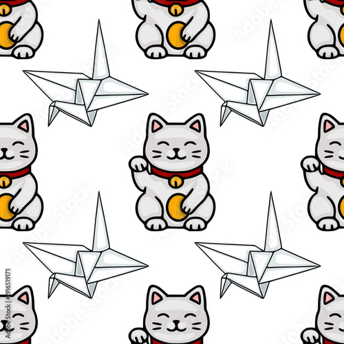 Seamless vector pattern of lucky cats and origami cranes, white background