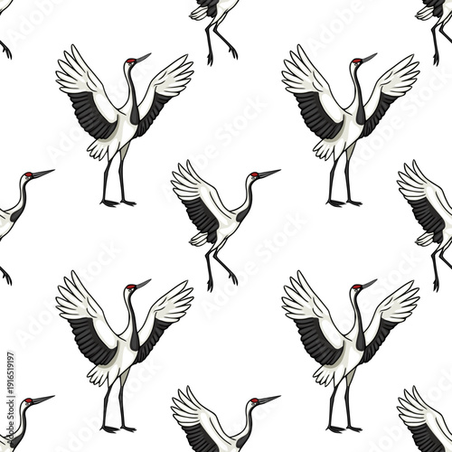 Seamless vector pattern of elegant red-crowned cranes with spread wings, traditional Japanese motif