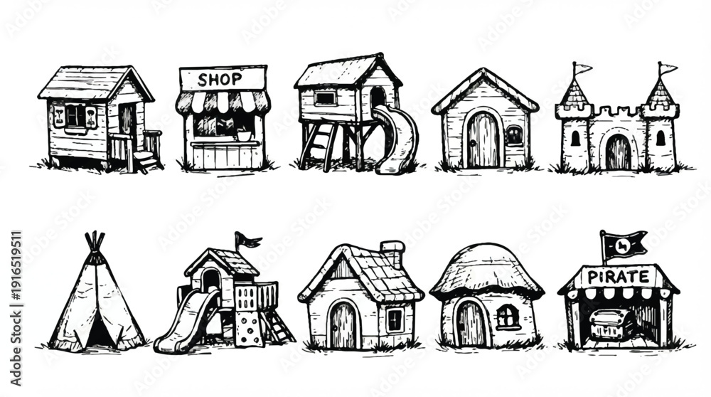 Obraz premium black and white illustration of various fantasy houses and buildings