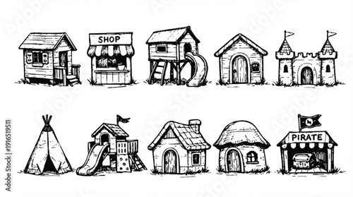 black and white illustration of various fantasy houses and buildings