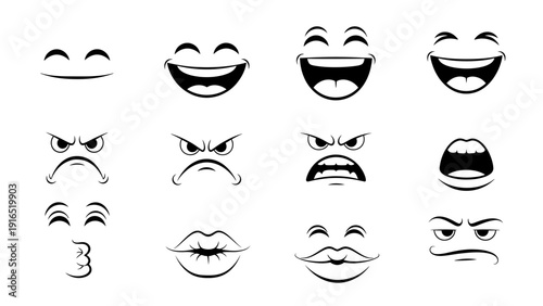 A set of various emoticon faces with different expressions arranged in rows on a plain white background.