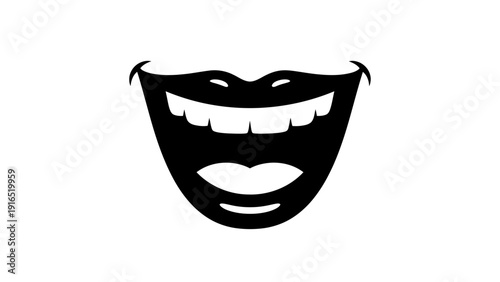A black and white graphic illustration of a smiling mouth with visible teeth against a plain white background.