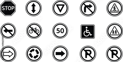 Traffic Sign Variety: A collection of vital traffic signs, offering an organized guide for navigation, emphasizing safety and order.