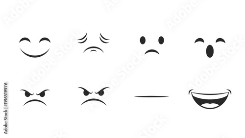A set of various emoticon faces on a white background with a flat lay composition and a neutral mood.