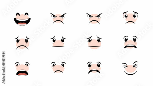 Flat lay of a collection of cartoon faces with various expressions on a white background with a graphic design style.