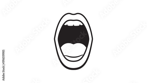 A minimalist line drawing of an open mouth with visible teeth on a plain white background.