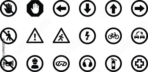 Safety Sign Icons: A comprehensive collection of safety icons, providing essential visual guidance for various scenarios, including warnings, instructions, and regulations.
