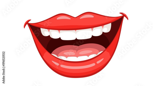 A vibrant cartoon illustration of a smiling mouth with red lips and white teeth on a plain white background.