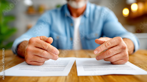 Hands comparing two printed documents on a wooden table for contract review and negotiation marketing banner promoting legal and financial services and document comparison