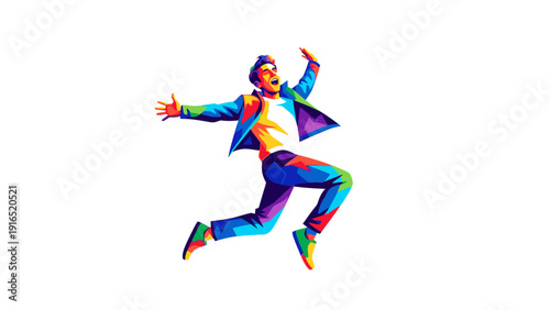 A person in a multicolored suit jumping in mid-air against a white background with a dynamic pose.