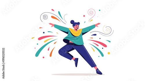 A joyful young woman dancing with colorful swirls and lines on a white background, conveying a playful and celebratory mood.