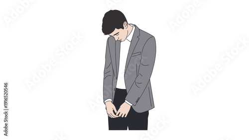 Illustration of a young man in a gray blazer and black pants looking down with his hands clasped in front of him against a plain white background.