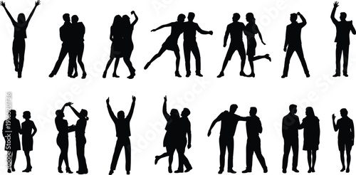 Group of people silhouettes interacting, dancing and celebrating isolated on white background, men and women social gathering, friendship, party and teamwork concept vector set