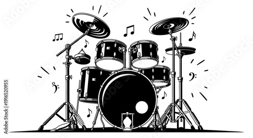 Drums surrounded by musical notes and cymbals in a lively illustration showcasing a drum set in action