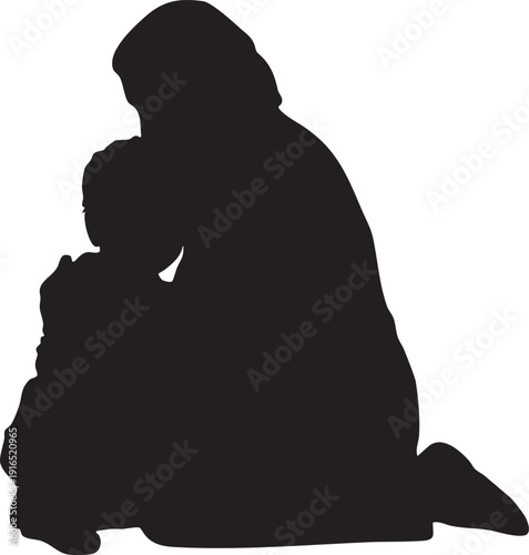 Parent hugging child silhouette on transparent background