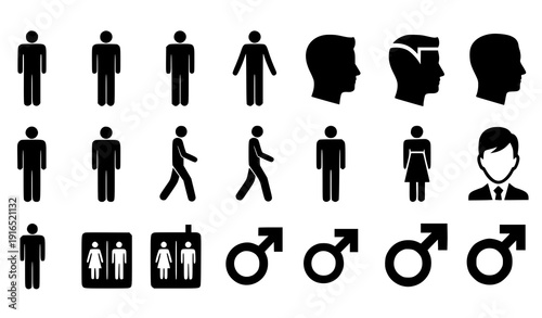 Male Silhouette Icon Set with User Profile and Standing Man Symbols Vector