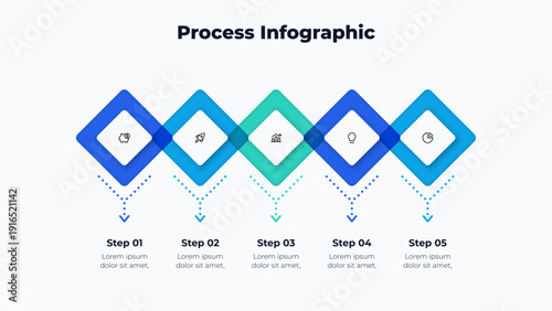 5 steps business process timeline diagram with diamond shapes workflow infographic connected stages and linear flow layout