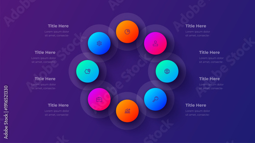 Modern Business Infographic with 8 Steps. Colorful Gradient Circles and Icons on Dark Purple Background. Vector Layout for Presentation or Web