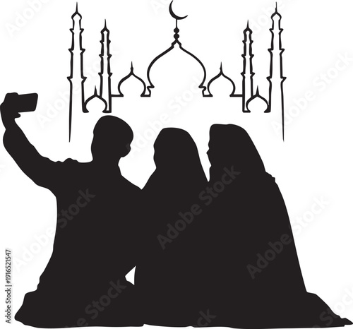 Muslim family taking selfie in front of a mosque