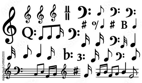 Music Notes Silhouette Vector Set with Treble Clef and Notation Symbol Collection