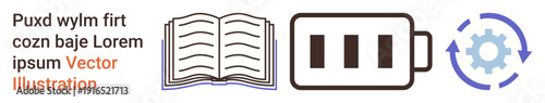 Education, productivity, energy, resource management, process improvement, innovation. Open book, battery circular arrows with gear. Education and productivity highlighted through symbols