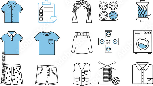 Clothing and Sewing Line Icon Set Featuring Shirts Skirts Tailoring Tools Laundry Equipment Buttons and Fashion Design Elements for Vector Illustration