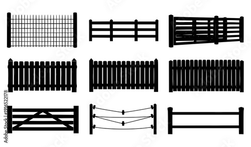 Farm Fence Silhouette Set with Rural Barrier and Livestock Enclosure Icons Vector