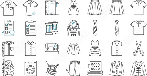 Comprehensive Collection of Fashion and Apparel Vector Icons Featuring Clothing Sketches Textile Manufacturing Tools Sustainable Eco Friendly Garment Industry Symbols