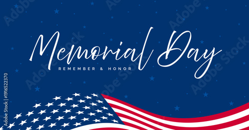 Memorial Day background, USA flag banner with hand lettering