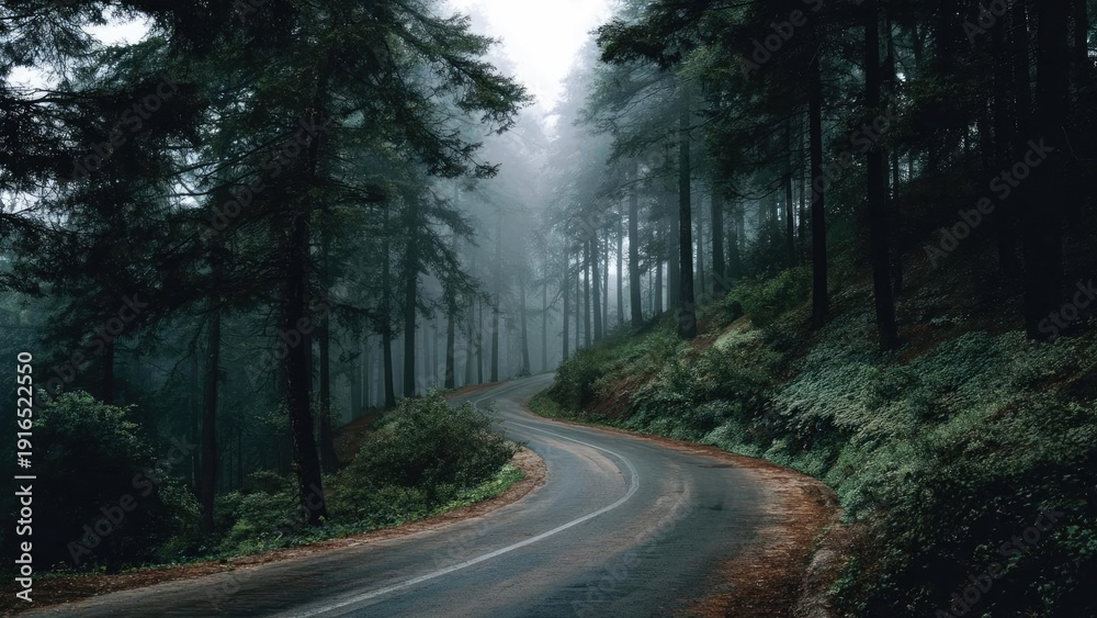Obraz premium A winding road through a misty forest, tall trees on both sides and lush green undergrowth. Concept Misty forest road, Tall trees framing the path, Lush green undergrowth, Moody foggy atmosphere