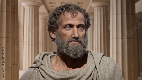 Ancient Greek philosopher in classical toga standing before marble columns depicting wise Hellenistic thinker, stoic teacher and historical intellectual from Athens golden age