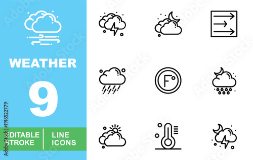 Weather Line Icon Set. Editable stroke icons for forecast & night mode UI. Featuring thunder storms at night, rainy moon, Fahrenheit unit, and cold temperature symbols for mobile app interface.