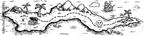 Hand drawn treasure map illustrating pirate island adventure. Hand drawn treasure map showing an island with mountains, palm trees, ships, and marked treasure
