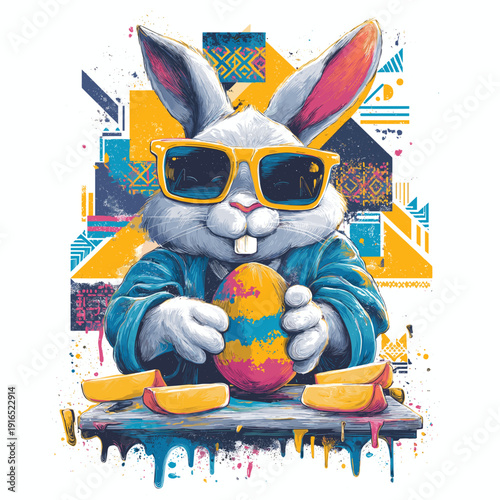 Cool cartoon rabbit wearing sunglasses holding Easter egg poster. Cartoon rabbit wearing sunglasses holding a colorful graffiti-painted Easter egg with traditional food
