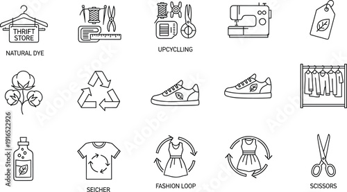 Sustainable Fashion and Eco Friendly Textile Industry Vector Icons Featuring Circular Economy Symbols Upcycling Tools Natural Fiber Production and Apparel