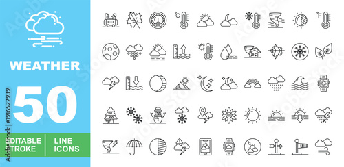 Weather and Season Line Icons. Editable stroke icons for meteorology & app UI. Featuring snowman, autumn leaves, thermometers, hurricanes, sun phases, and daily forecast symbols for mobile.
