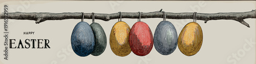 Happy Easter text with hanging eggs on branch greeting card. Colorful patterned Easter eggs hanging from a branch celebrating the holiday season