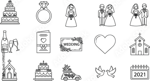 Wedding Celebration Line Icon Set with Cake Ring Bride Groom Church Invitation Card Champagne Heart Doves and Car Icons