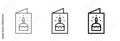 Birthday greeting card depicting a birthday cake with a lit candle. Icon in thin, regular, bold outline styles. Celebration, party, and festive event concept. For web and mobile design. Vector