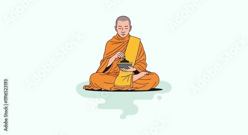 Buddhist monk meditating peacefully in traditional orange robes.
