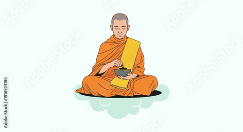 Buddhist monk meditating peacefully in traditional orange robes.