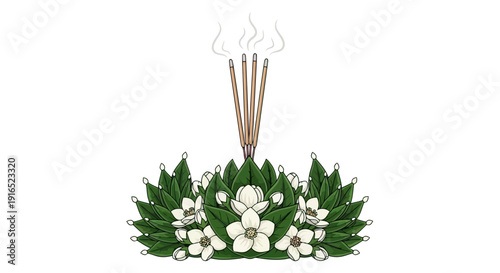 Traditional Thai Krathong with Incense Sticks and Flowers.
