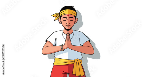 Young man in prayer with eyes closed and hands together.
