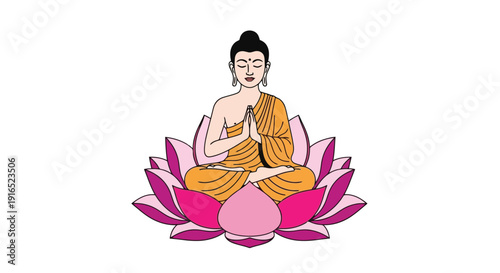 Buddha meditating peacefully on a lotus flower.