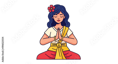 Young Woman Meditating in Traditional Attire with Flower.