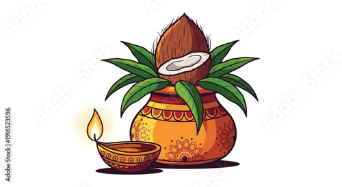 Traditional Indian Kalash Pot with Coconut and Diya.